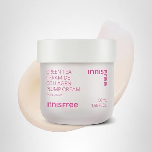 innisfree Green Tea Ceramide Collagen Plump Cream packaging info emphasizing vegan formula