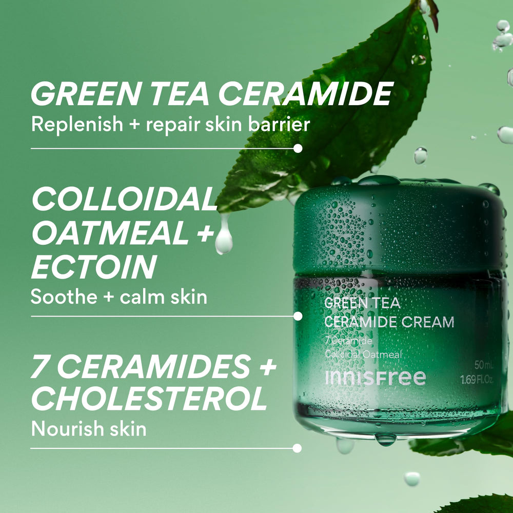 Innisfree Green Tea Ceramide Cream ingredients feature colloidal oatmeal for calm skin.