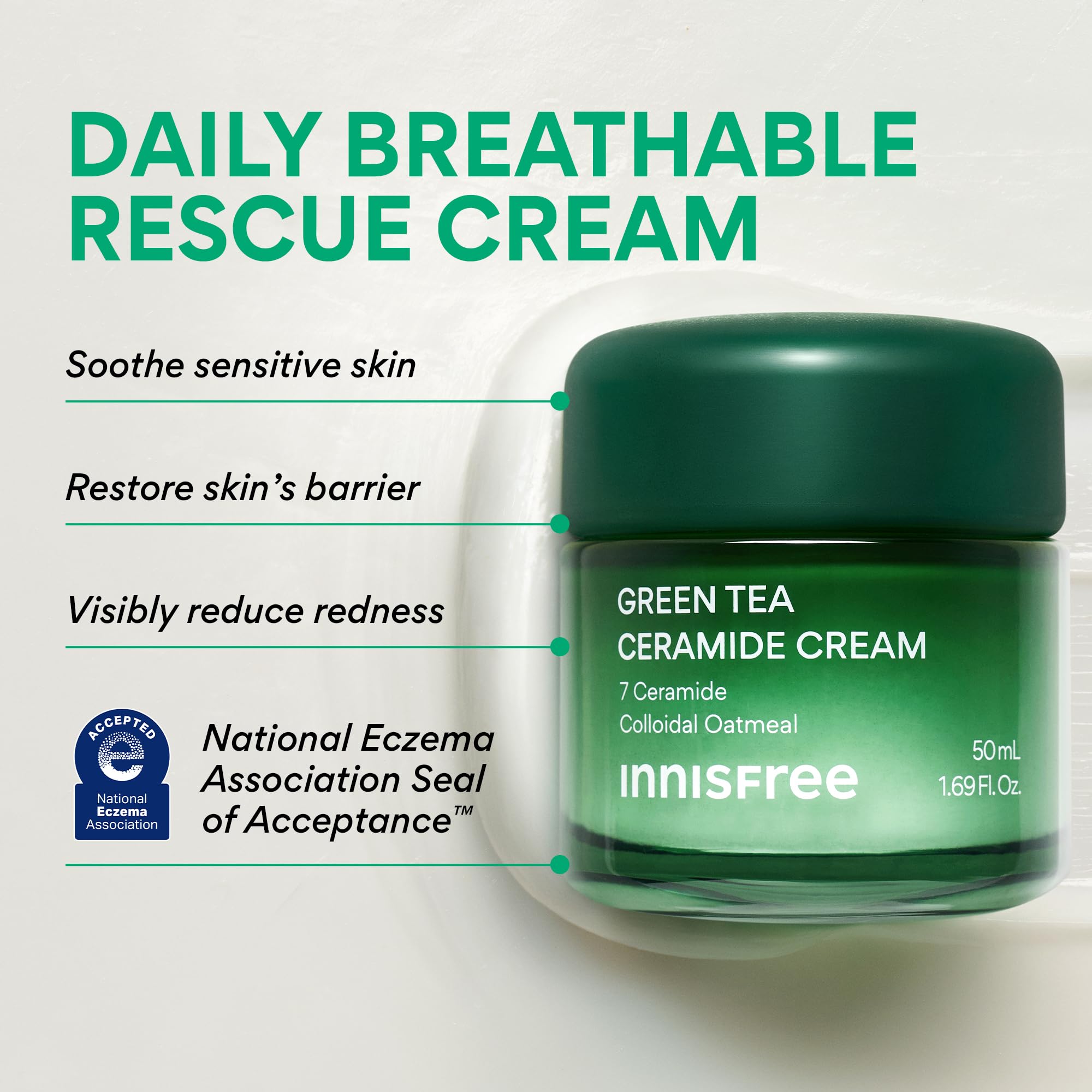 Innisfree Green Tea Ceramide Cream bottle label highlighting ceramides for sensitive skin.