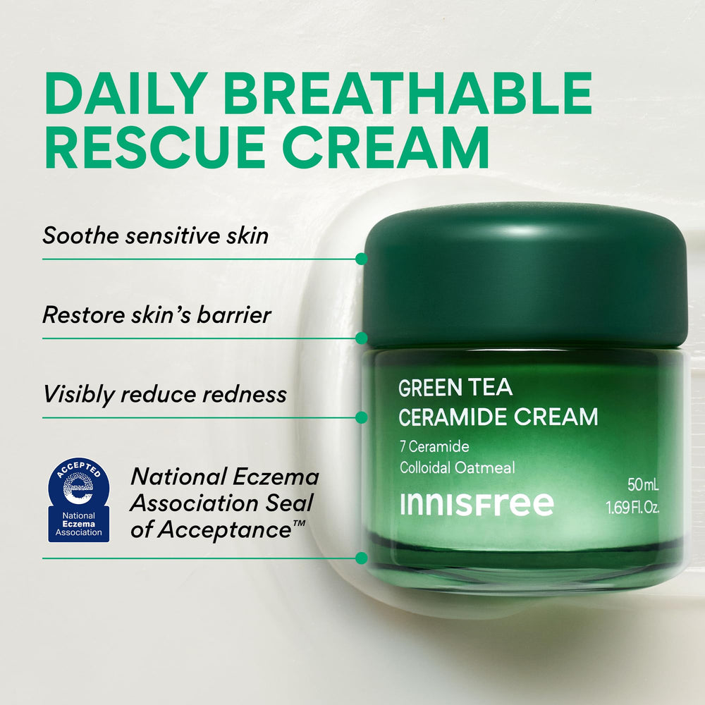 Innisfree Green Tea Ceramide Cream bottle label highlighting ceramides for sensitive skin.