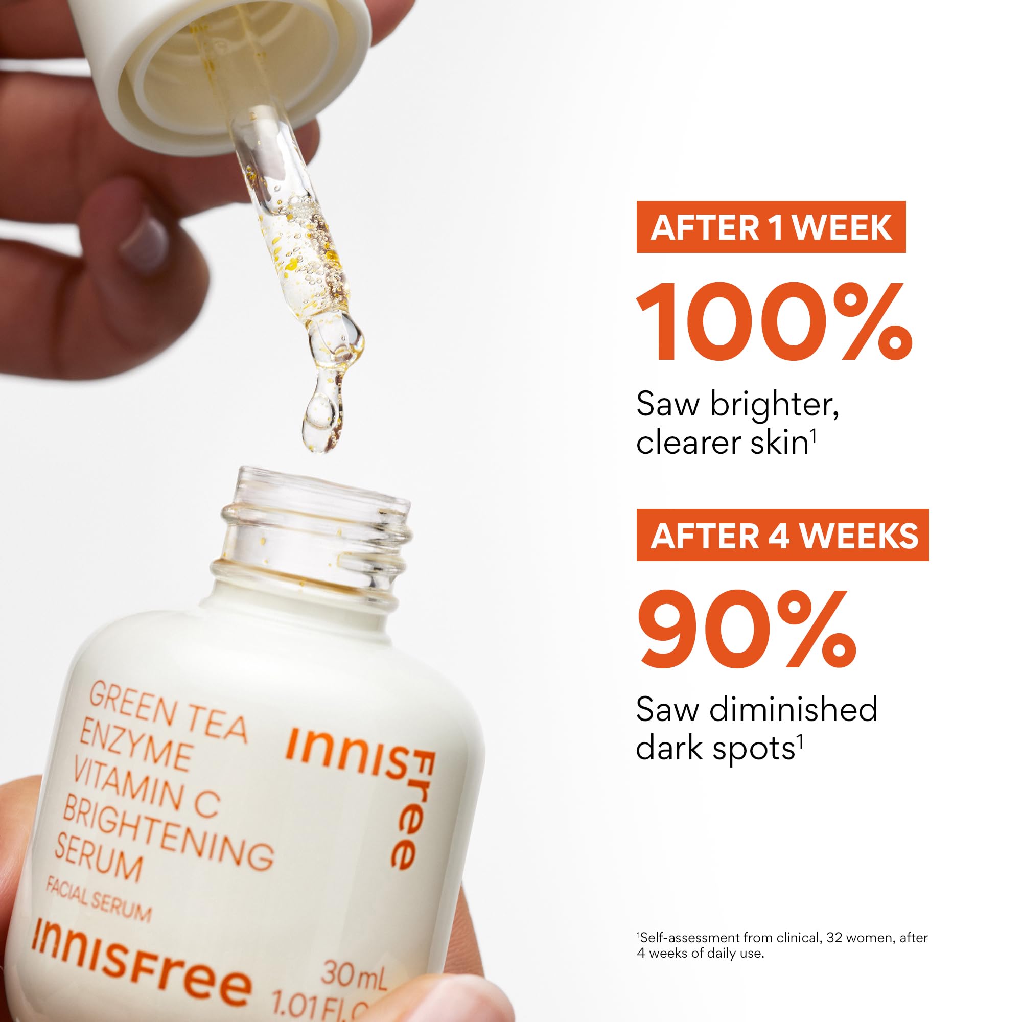 innisfree Green Tea Enzyme Serum with ferulic acid closeup highlights antioxidant support.