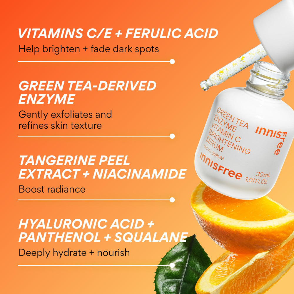 innisfree Green Tea Enzyme Serum fragrance-free label confirms gentle, alcohol-free skincare.