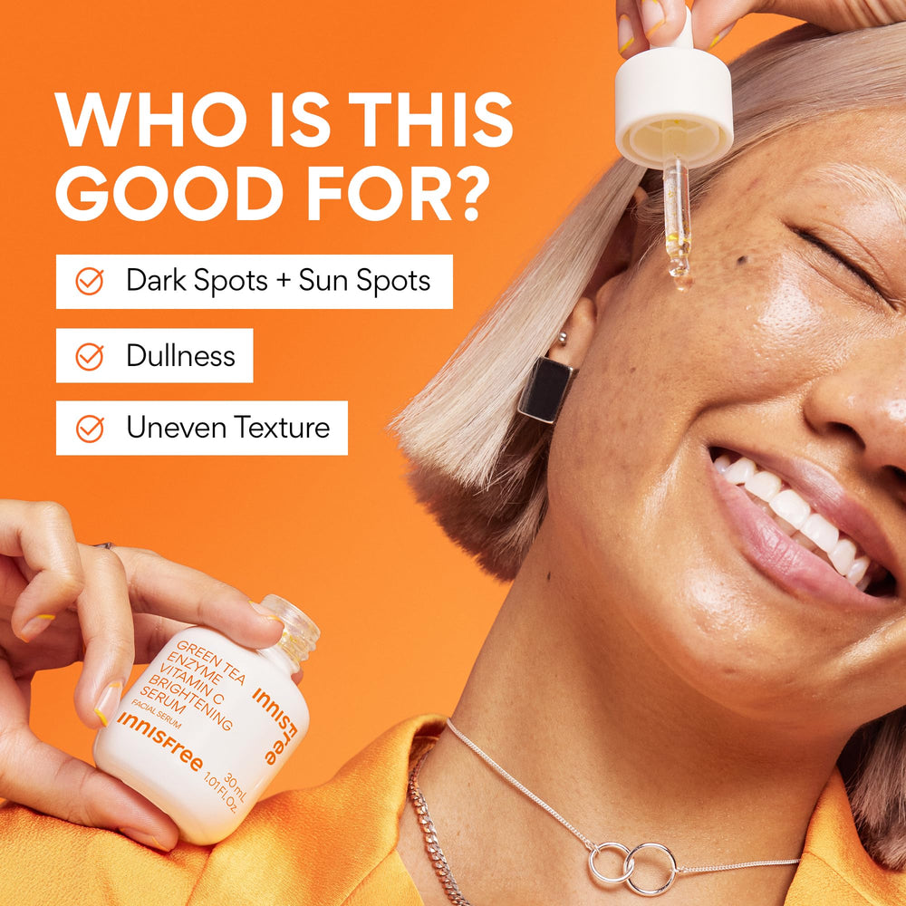 innisfree Green Tea Enzyme Serum ingredient list visual hints at dual vitamin C action.