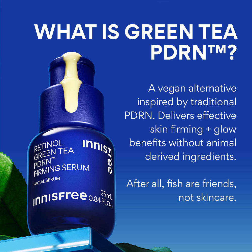 Innisfree Green Tea Retinol PDRN Serum closeup hints at firming potential.