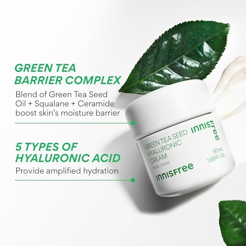 Ingredient close-up on Innisfree Green Tea Seed Hyaluronic Cream featuring ceramide and HA