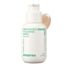 Innisfree Green Tea Seed Hyaluronic Serum bottle with dropper delivering hydration