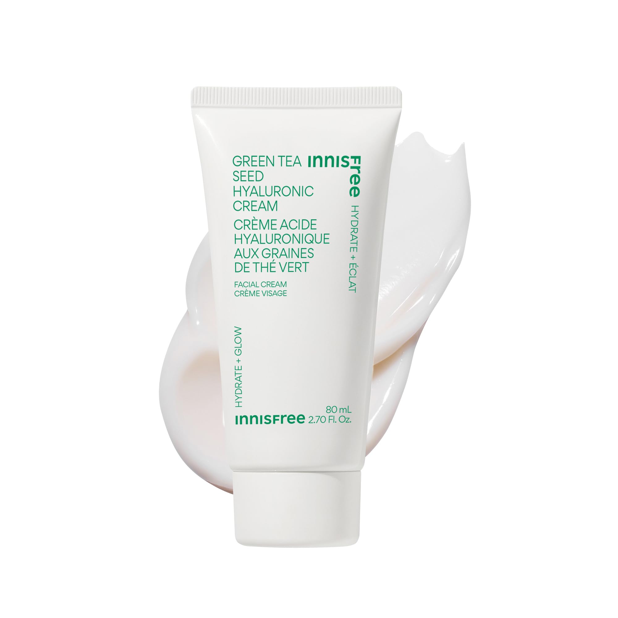 Innisfree Jumbo Green Tea Seed Cream tube closeup highlights rich hydration and barrier support.