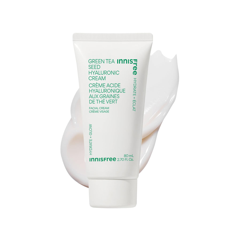 Innisfree Jumbo Green Tea Seed Cream tube closeup highlights rich hydration and barrier support.