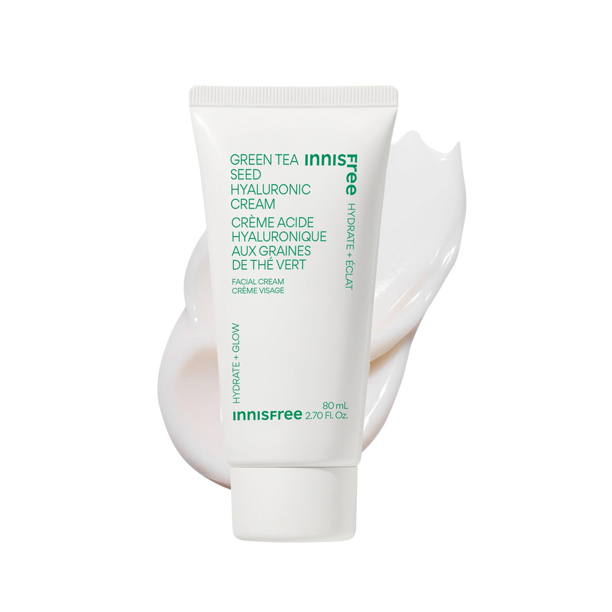Innisfree Jumbo Green Tea Seed Cream tube closeup highlights rich hydration and barrier support.