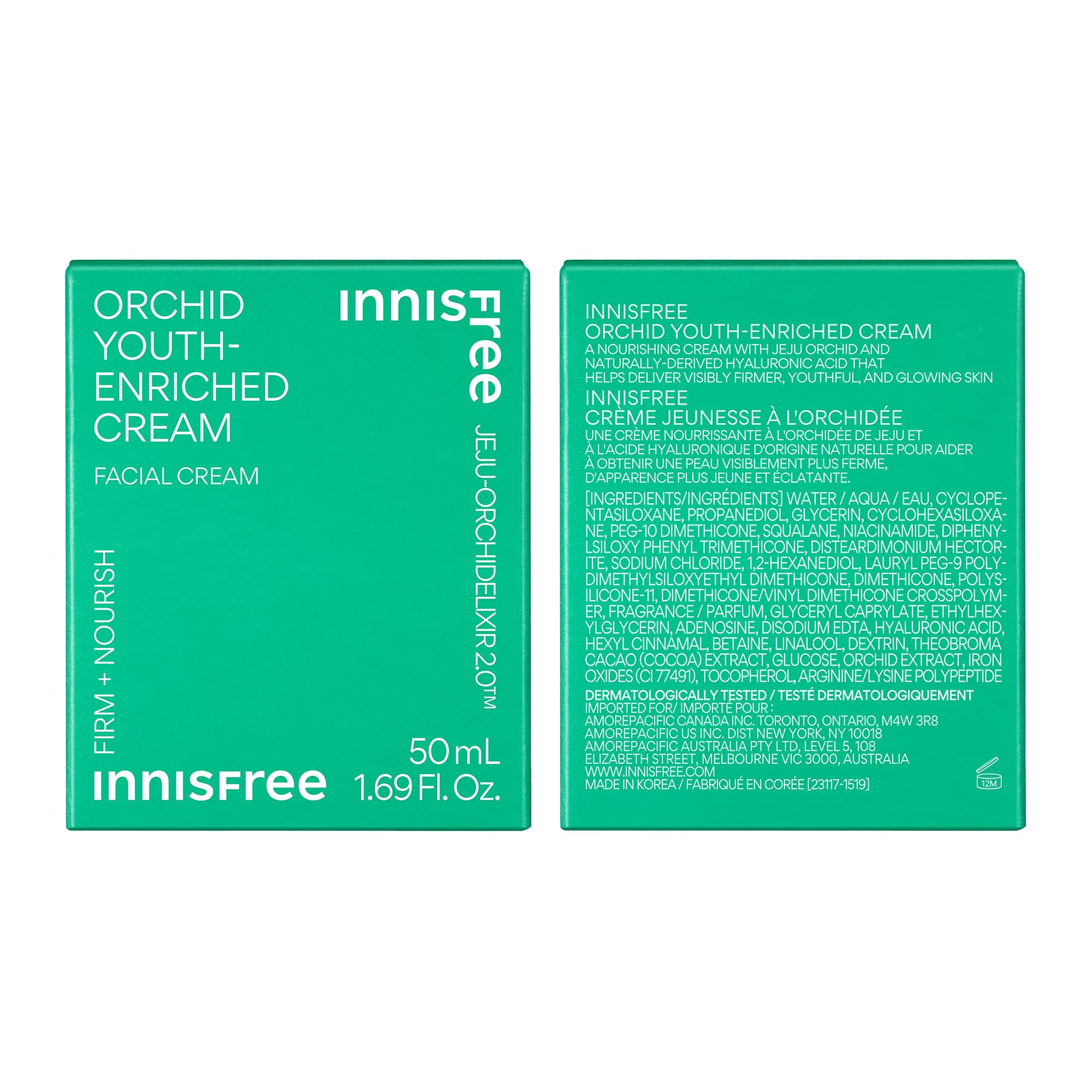 Innisfree Orchid Youth-Enriched Cream jar with spatula showing smooth texture.