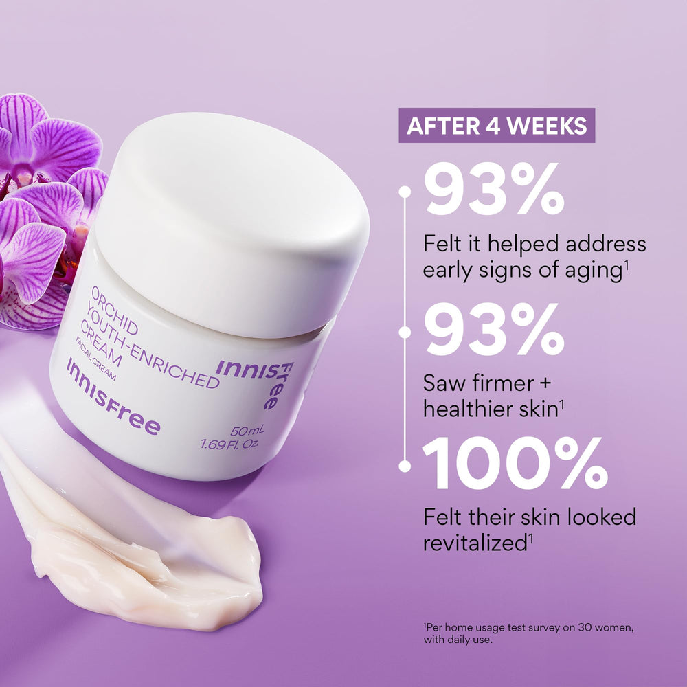 Innisfree Orchid Youth-Enriched Cream swatch on skin for gentle radiance.
