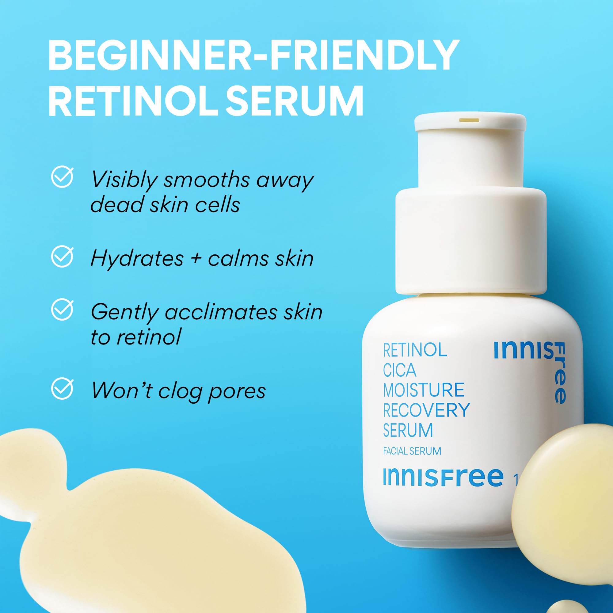 Innisfree Retinol Cica Serum texture swatch shows lightweight hydration.