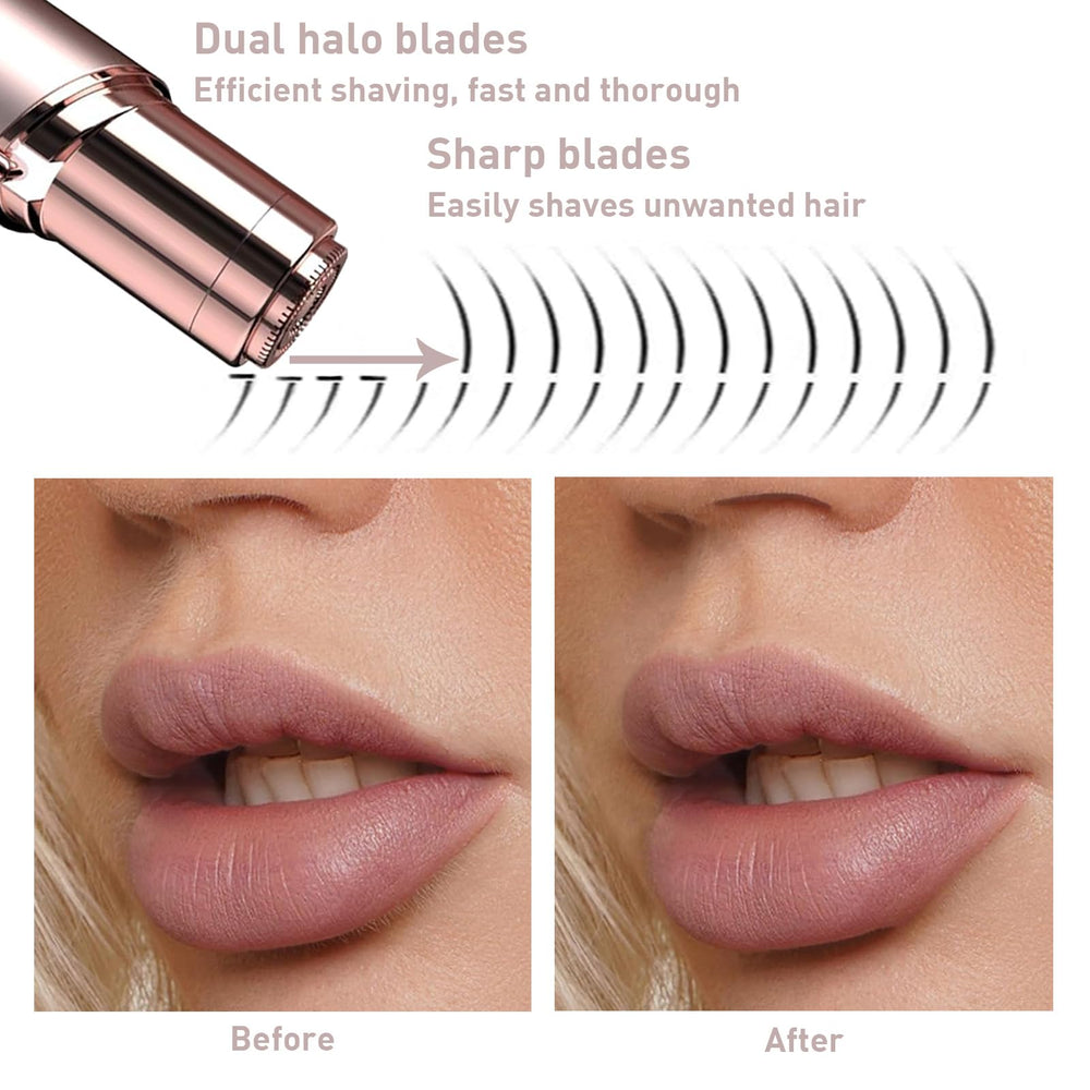 INNOBEAUT compact face shaver in rose gold, in hand for on-the-go touch-ups.