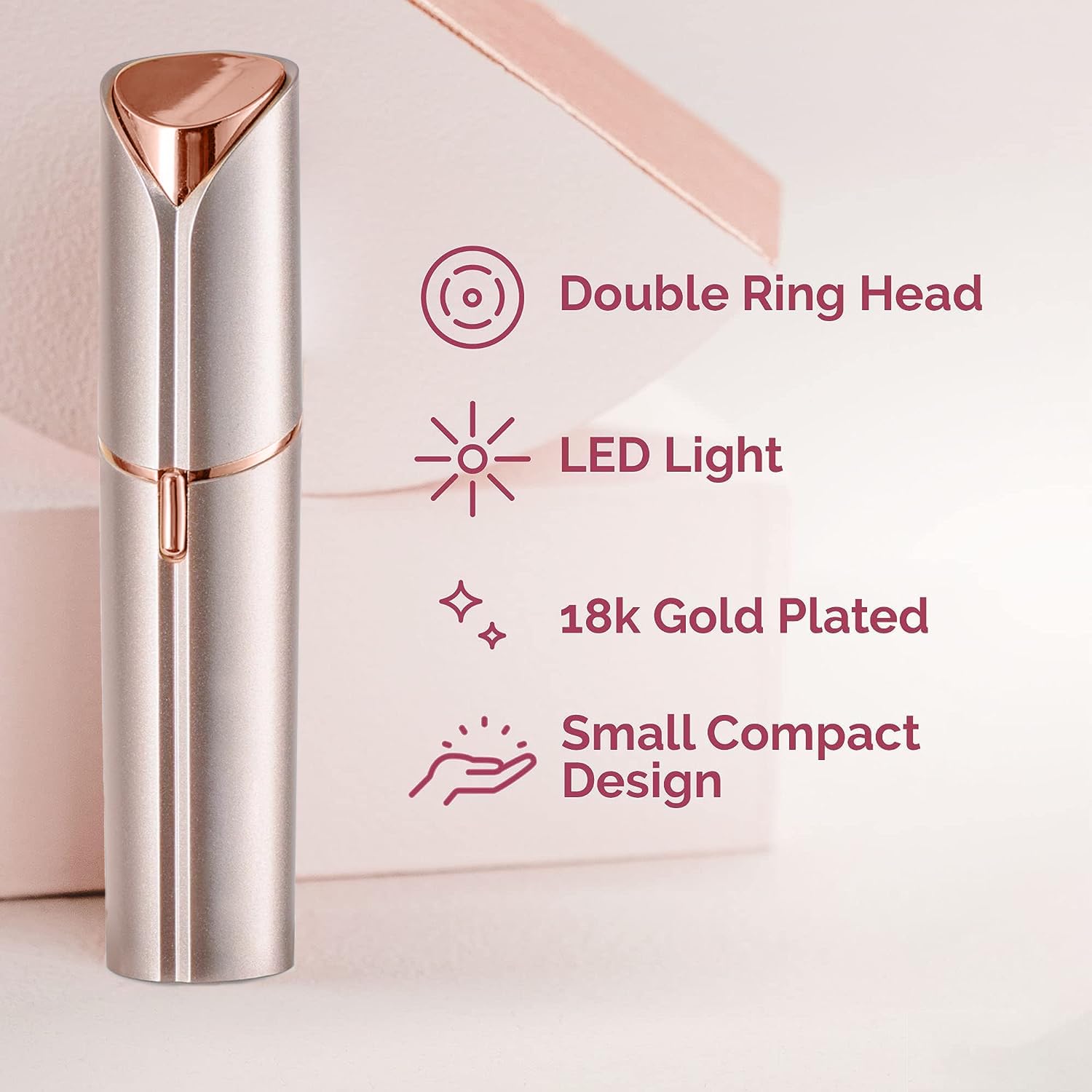 INNOBEAUT facial hair remover in rose gold, side view, gentle glide for precise shaping.