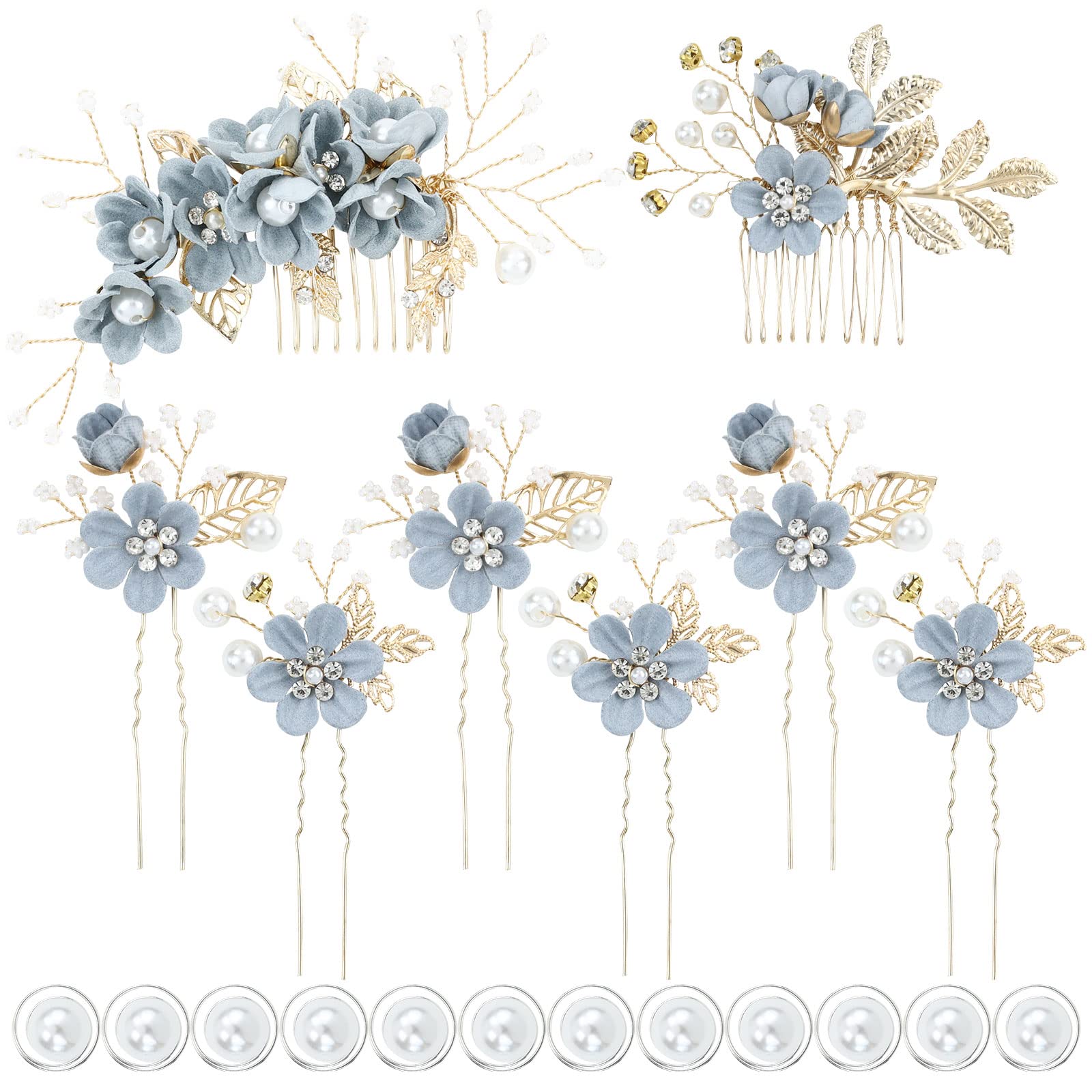 inSowni peineta lateral con flores azul polvoriento, complemento perfecto para novia