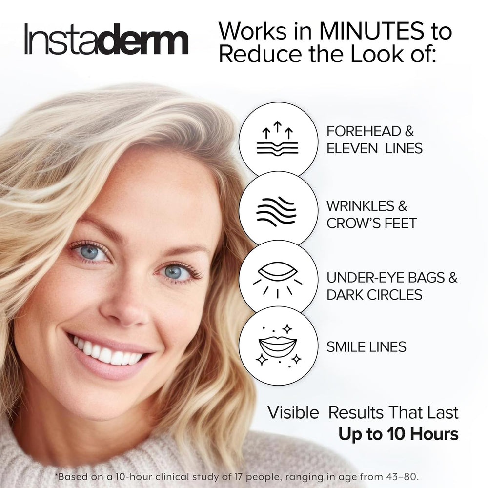 Instaderm Instant Eye Tightener application tube delivering targeted dark circles coverage.