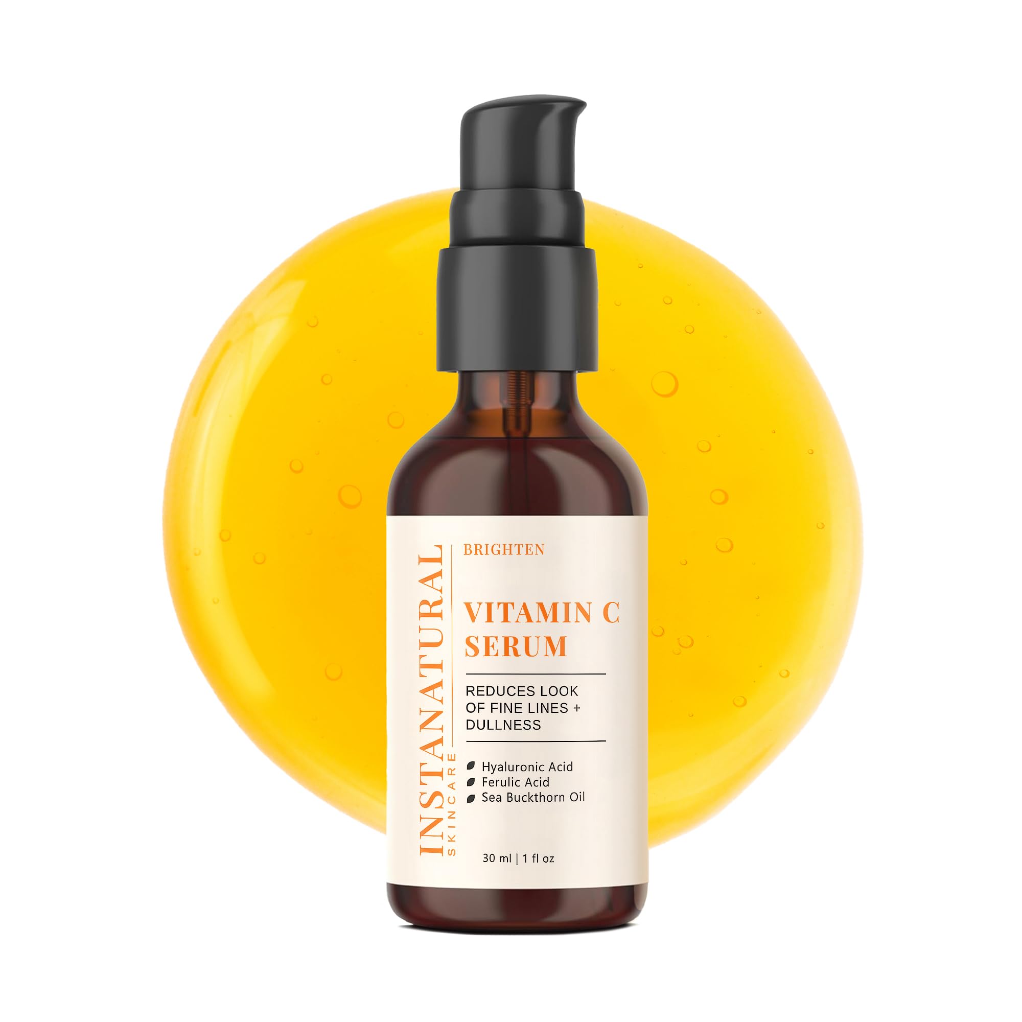 Suero InstaNatural Vitamina C: botella visible para un brillo uniforme.