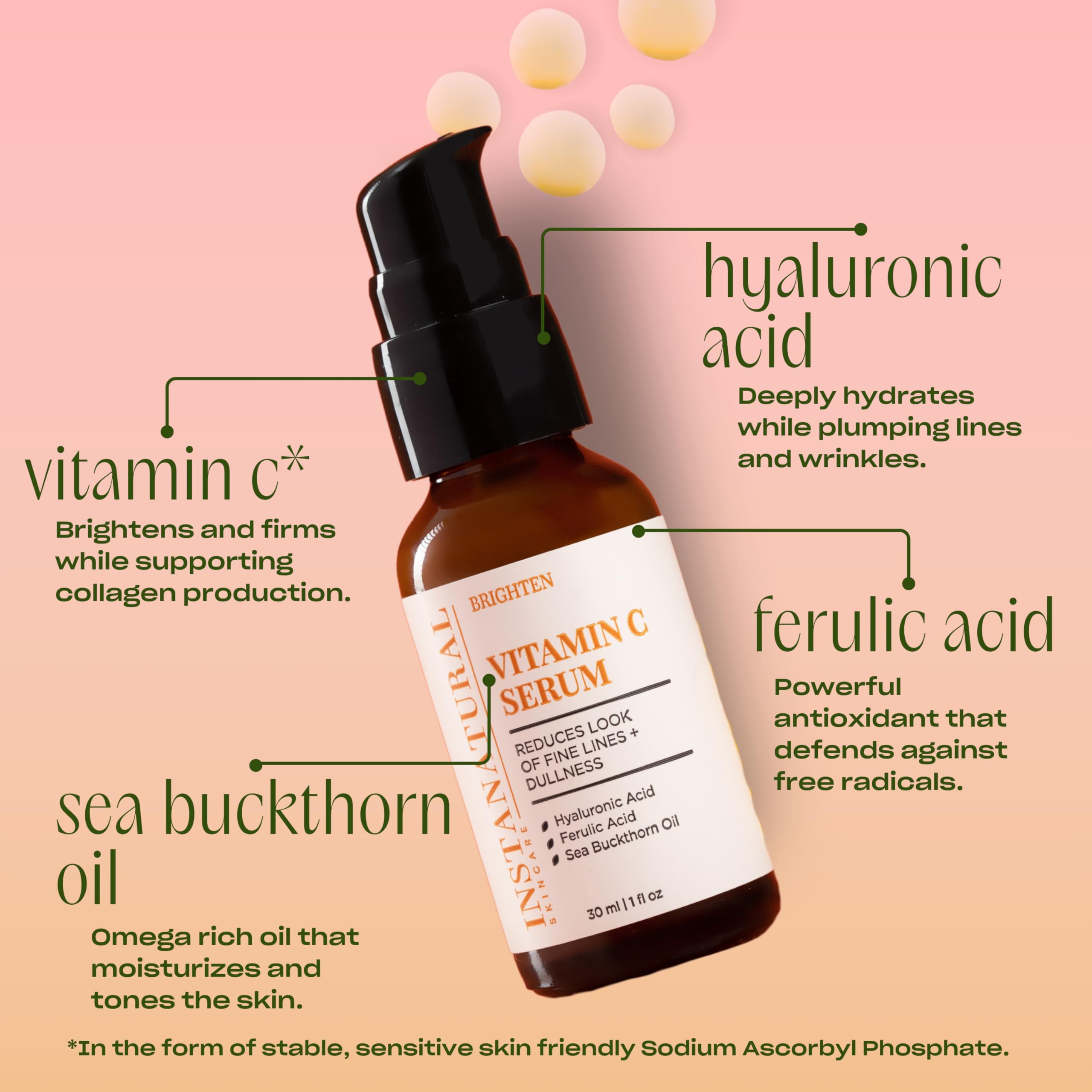 InstaNatural Vitamina C: ingredientes clave con ferúlico iluminan la piel.