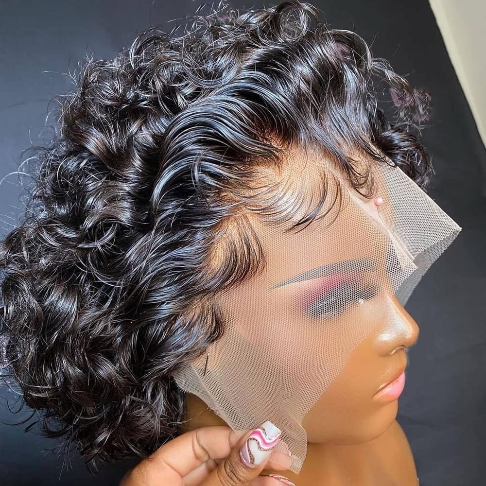 INSTASTYLE 6 inch curly pixie lace-front close-up showing natural hairline and texture.