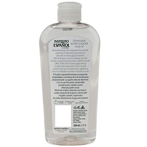 Label close-up of Instituto Español Almond Body Oil with almond oil ingredients