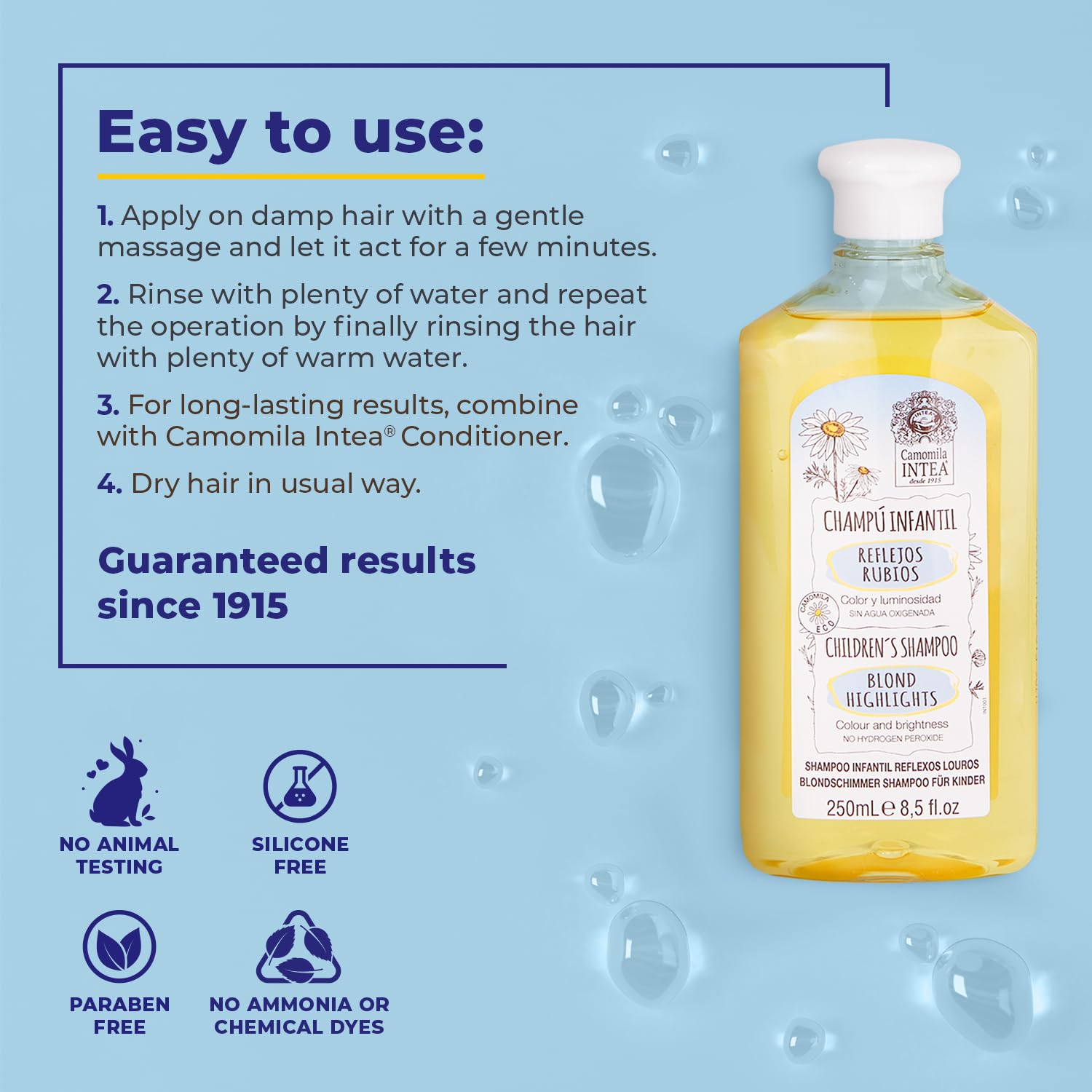 Brillo dorado realzado por Intea Camomila Kids Shampoo.
