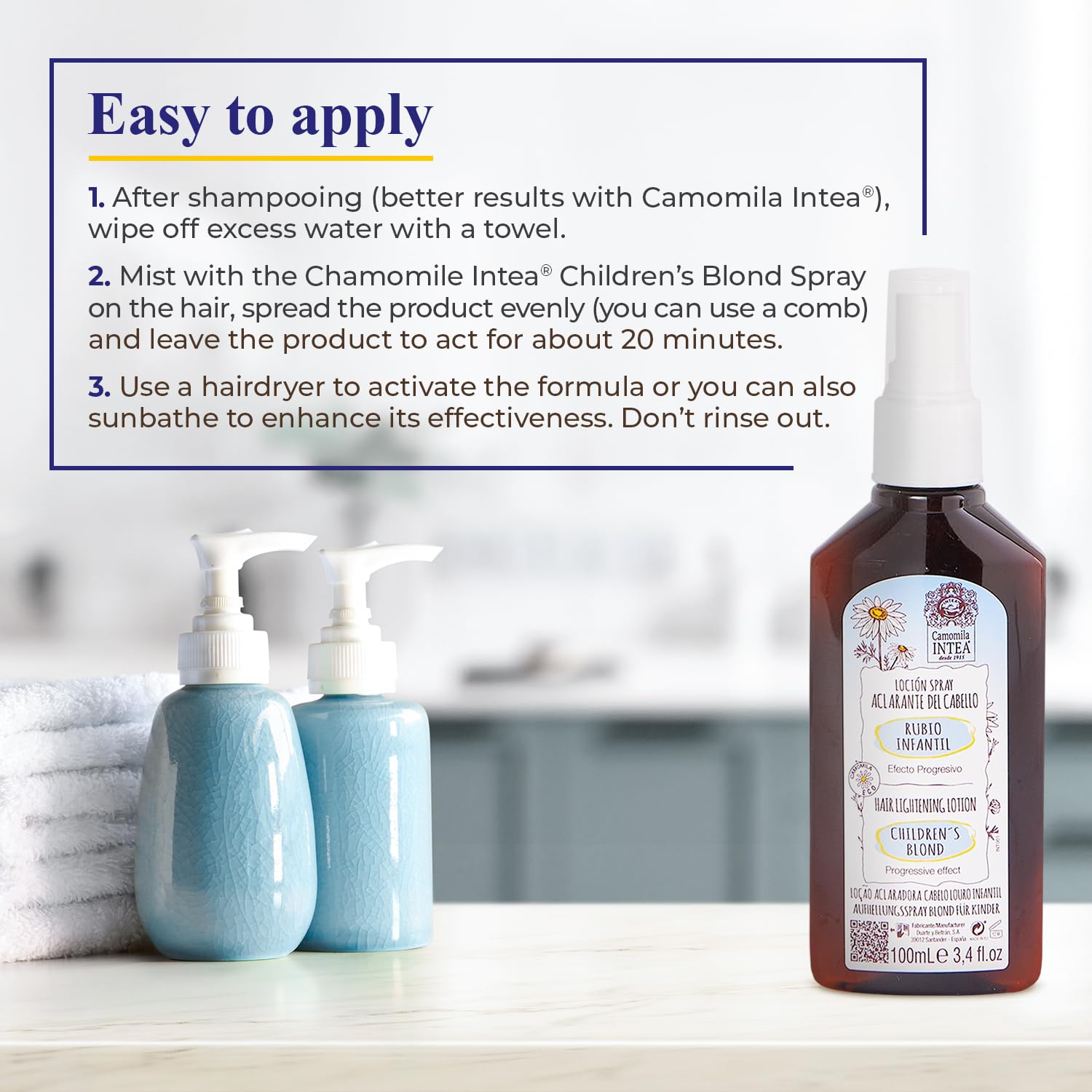 Sun-drying or gentle blow-drying boosts lightening effect with Intea spray.
