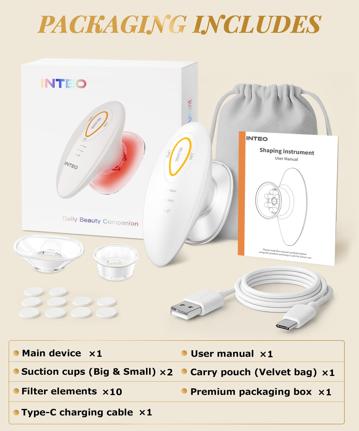 INTEO 3-in-1 Face and Body Sculpting Machine packaging emphasizes travel-friendly setup and quick charging.