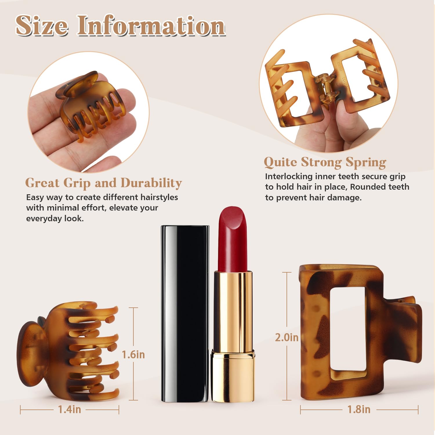 Interesse small claw clip offers strong grip and internal teeth.