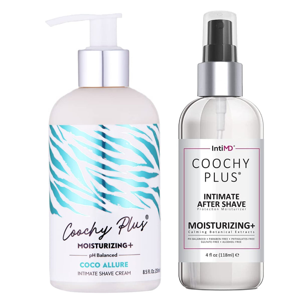 IntiMD Coochy Plus intimate shaving cream bottle showing hydrating formula for sensitive skin.
