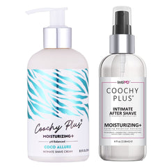 IntiMD Coochy Plus intimate shaving cream bottle showing hydrating formula for sensitive skin.
