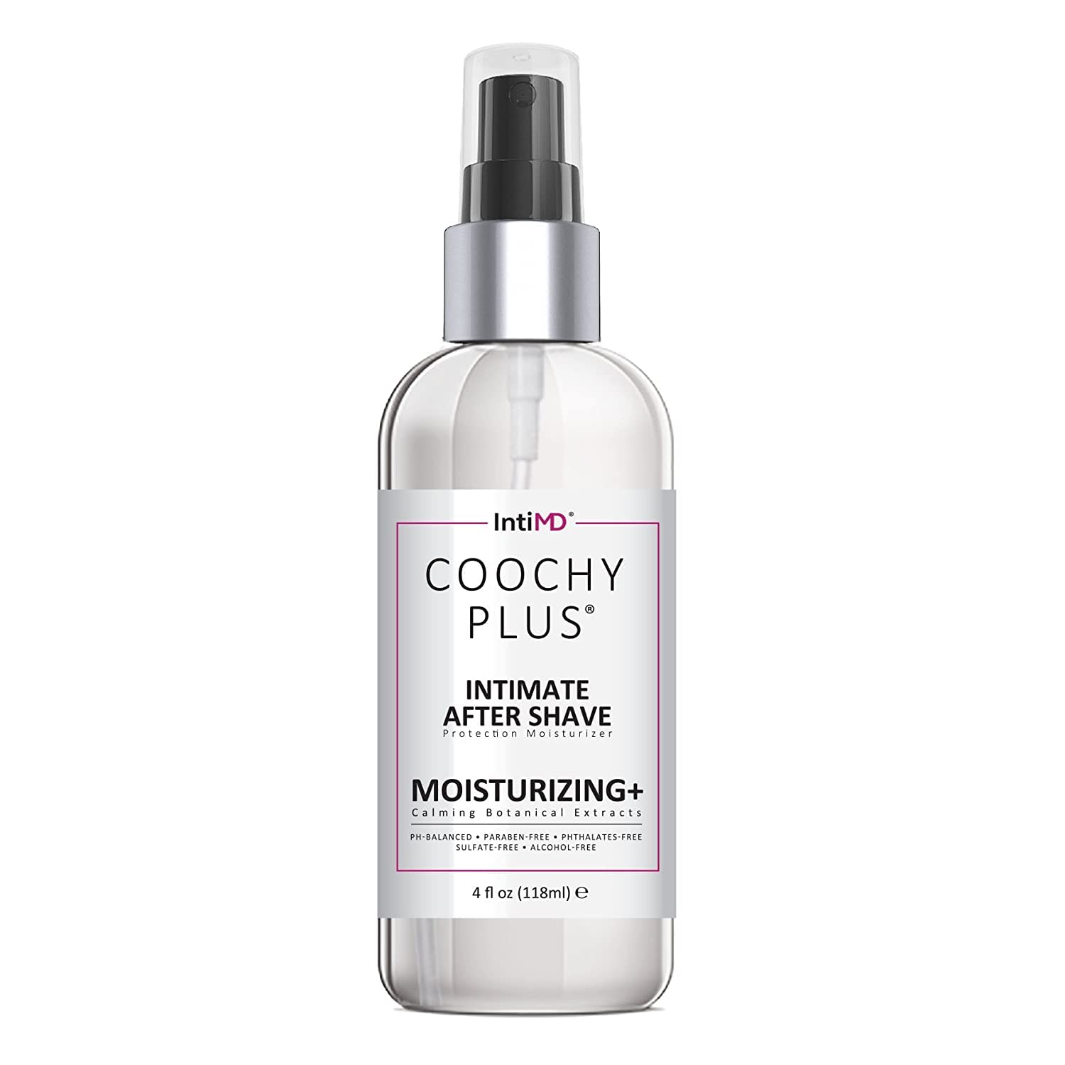 IntiMD COOCHY bottle-dispense for quick, soothing post-shave care.