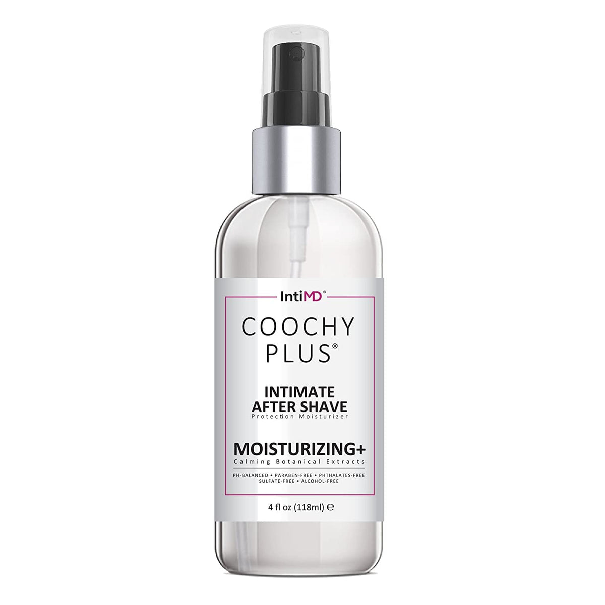 IntiMD COOCHY bottle-dispense for quick, soothing post-shave care.