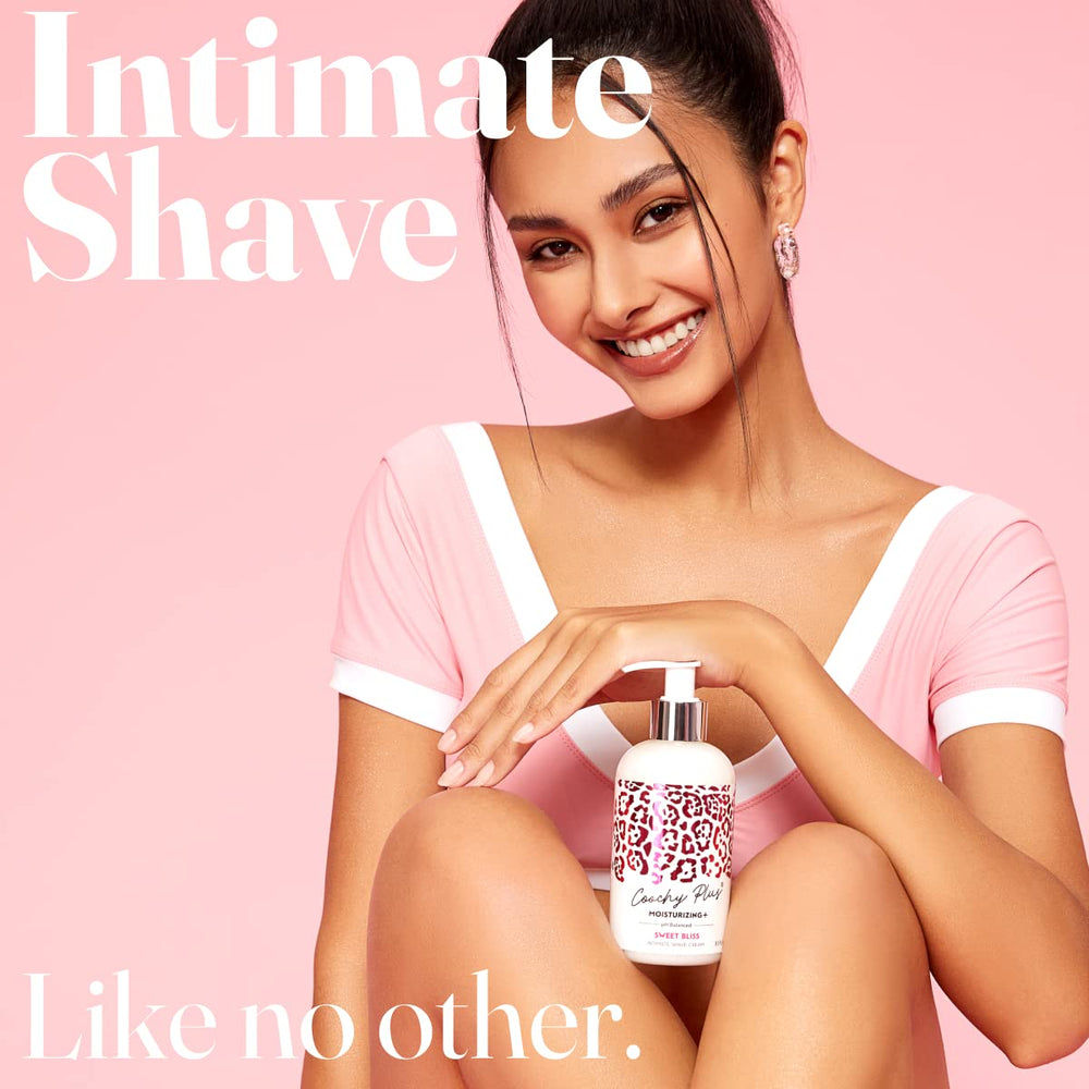 IntiMD Coochy Plus pump bottle facilitates easy dispensing for shaving sessions.