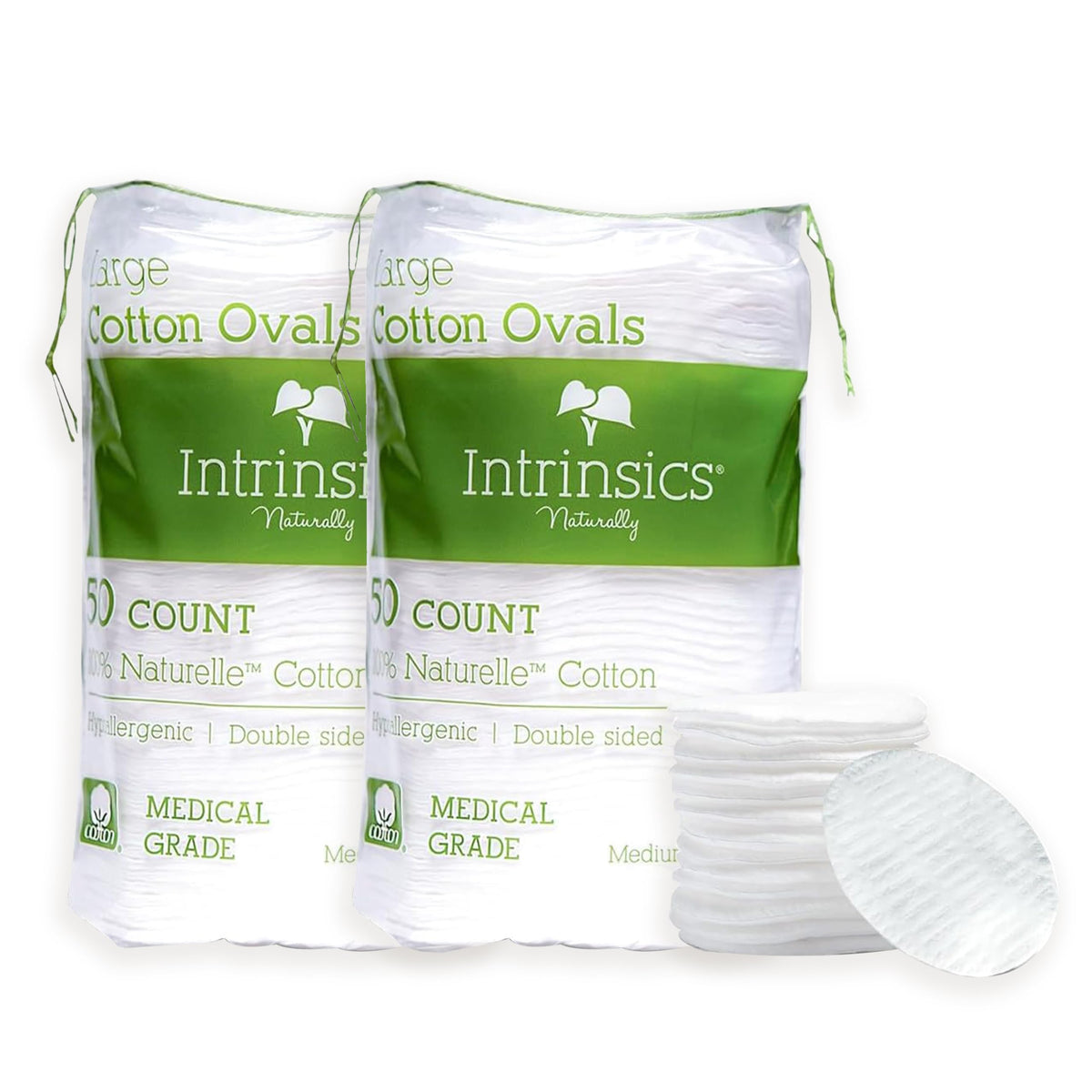 Intrinsics Premium 3-inch cotton rounds pack close-up for makeup removal.