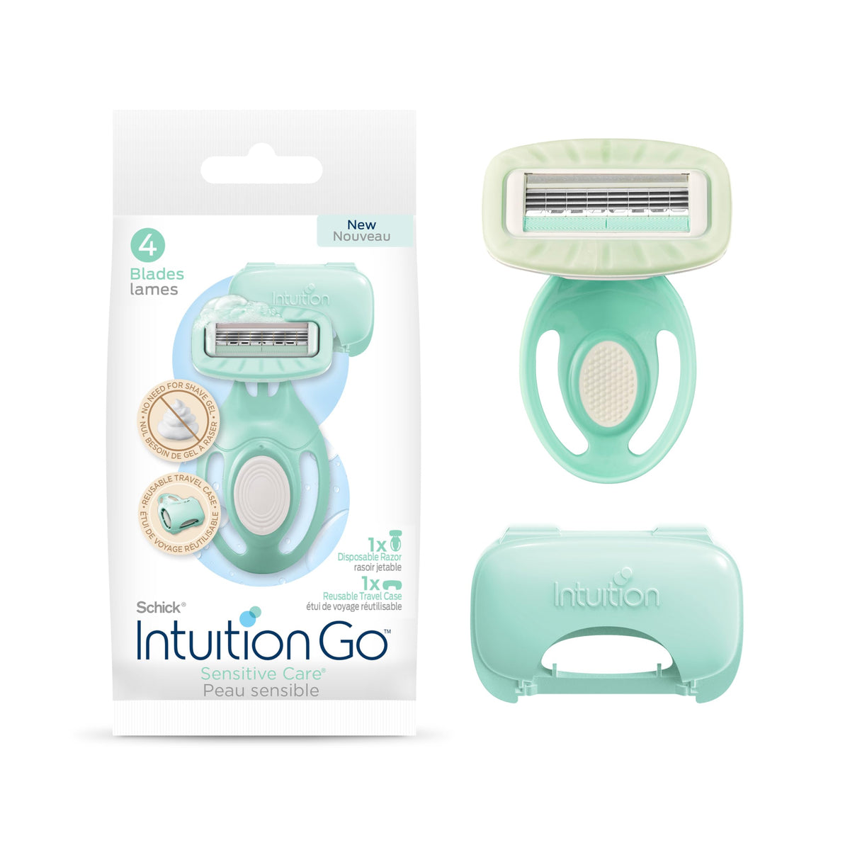 INTUITION Go disposable razor with travel case, compact for on-the-go grooming.
