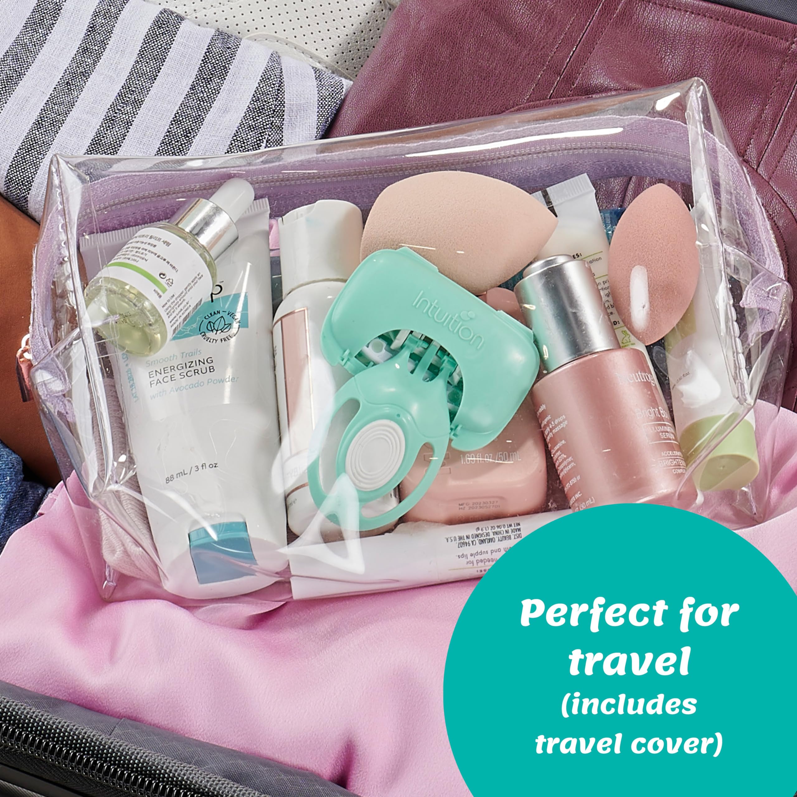 INTUITION Go packaging beside skincare items on vanity.