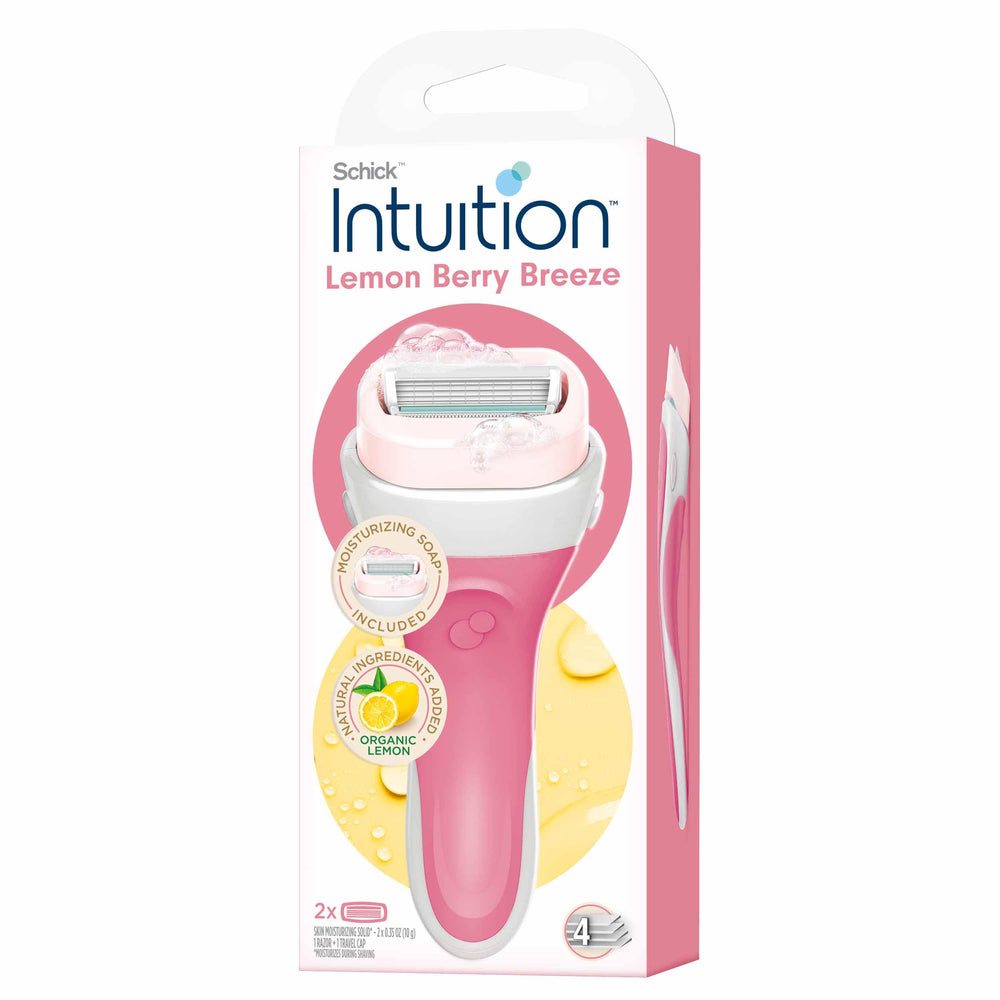 INTUITION lemon-berry-breeze razor ready for gel-free shaving.