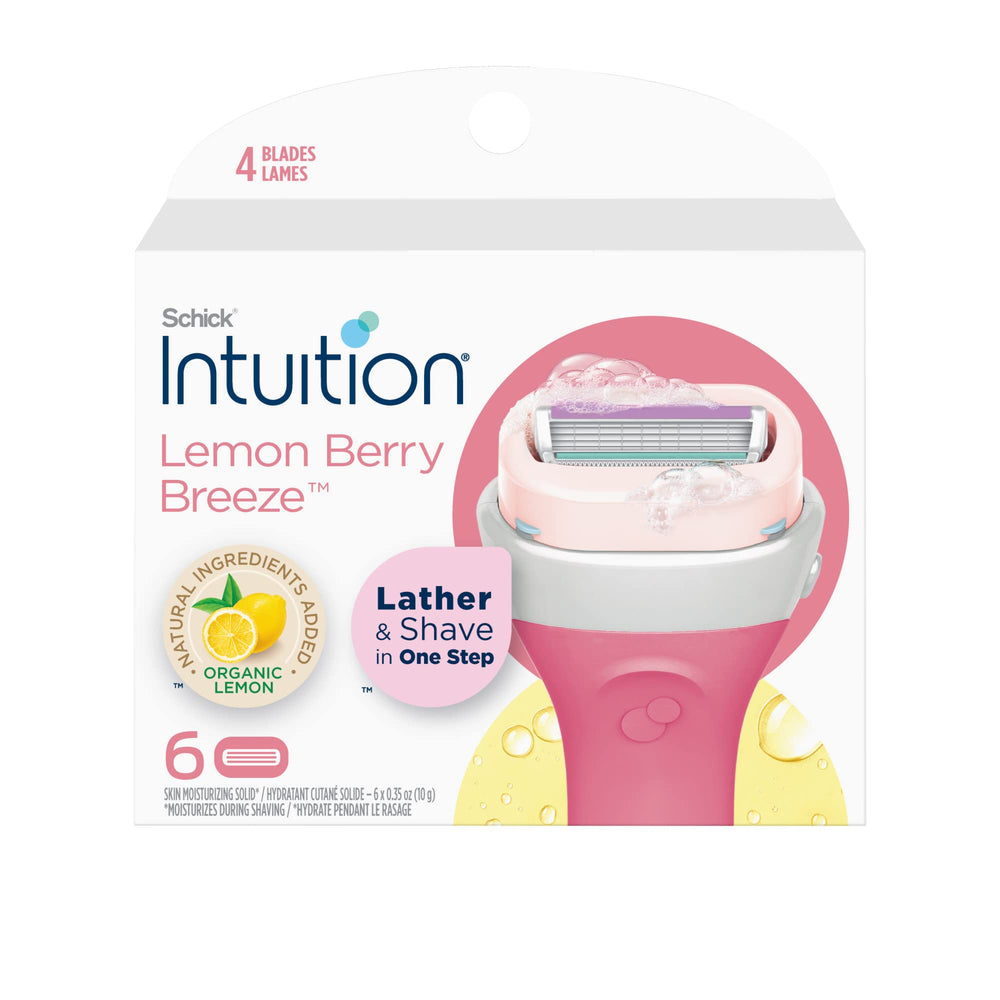 INTUITION Lemon Berry Breeze refill cartridge close-up with moisturizing bar for a smooth shave.