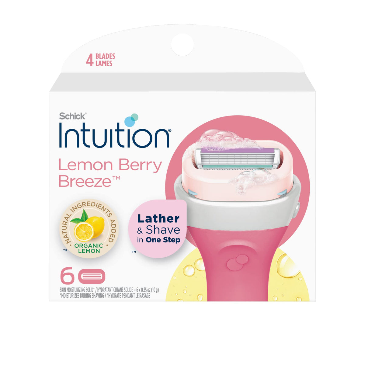 INTUITION Lemon Berry Breeze refill cartridge close-up with moisturizing bar for a smooth shave.