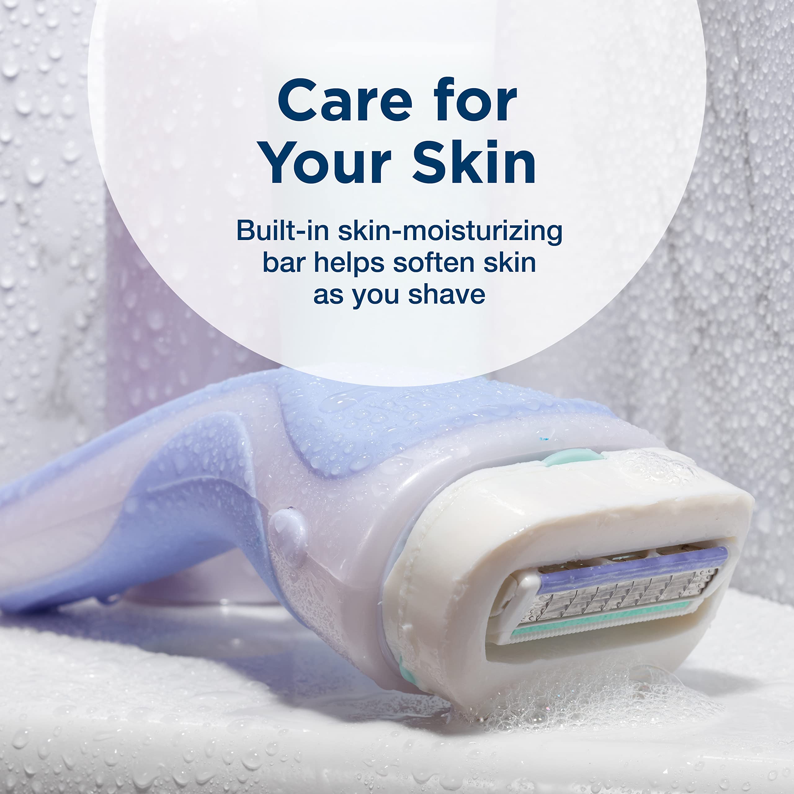 Moisturizing bar with cocoa butter visible to soften skin while shaving.