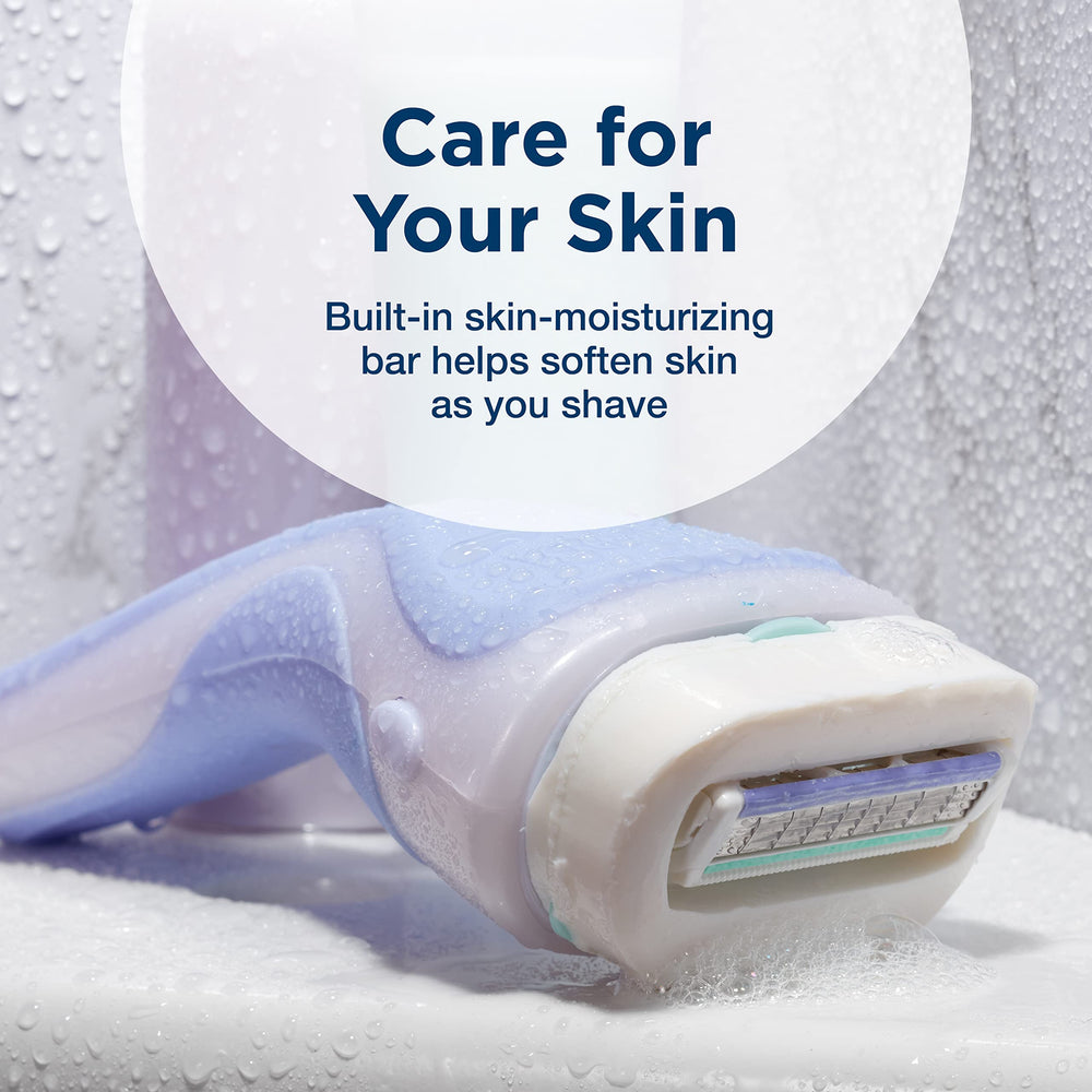 Moisturizing bar with cocoa butter visible to soften skin while shaving.