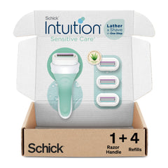 INTUITION sensitive-care razor with pivoting head gliding along contours to minimize irritation