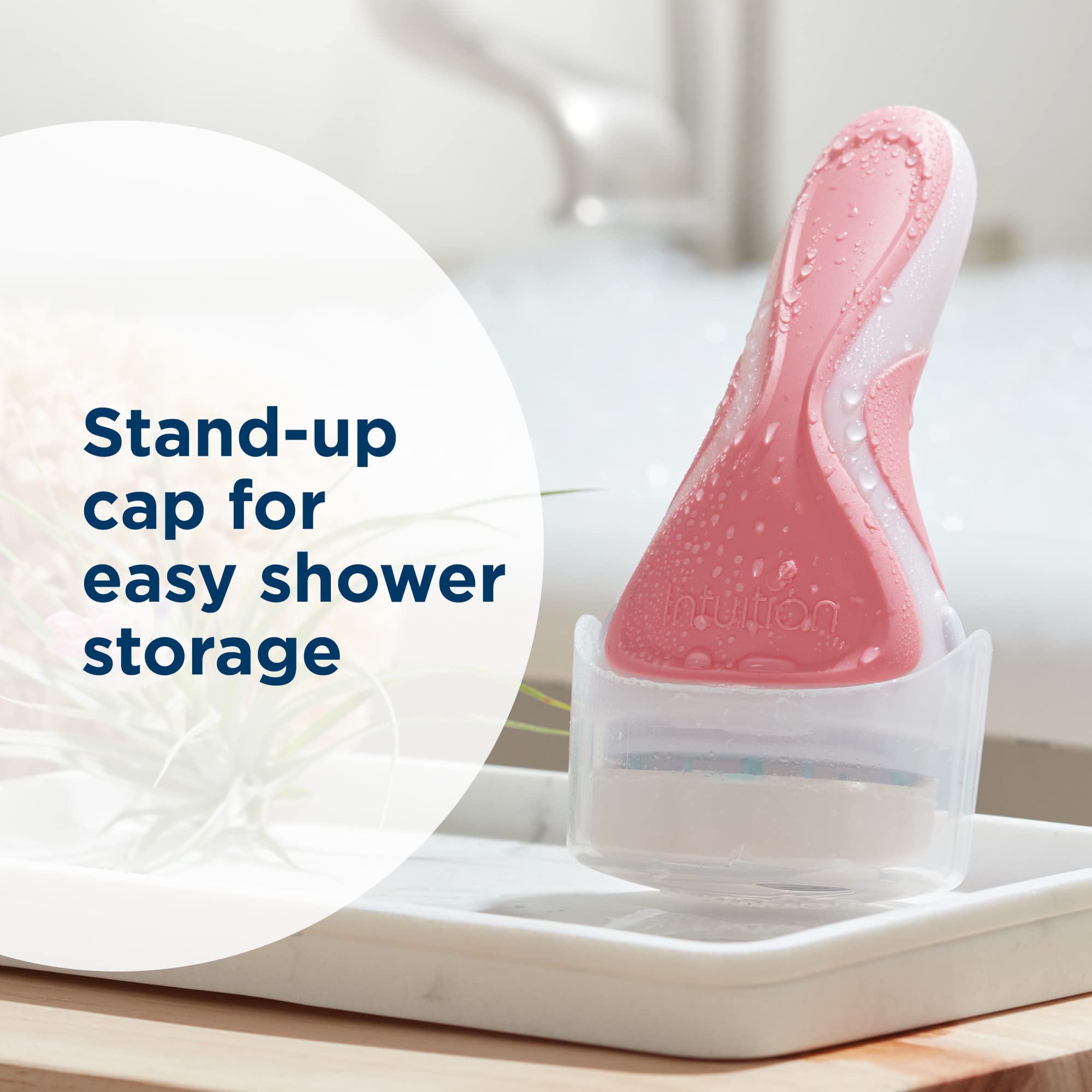 INTUITION stand-up cap shows easy shower storage.