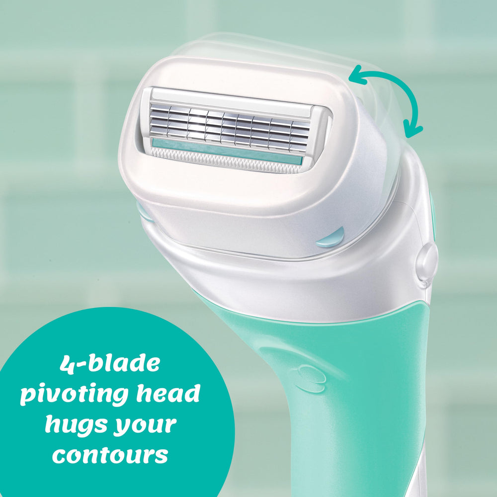 INTUITION stand-up cap keeps the razor organized in the shower.