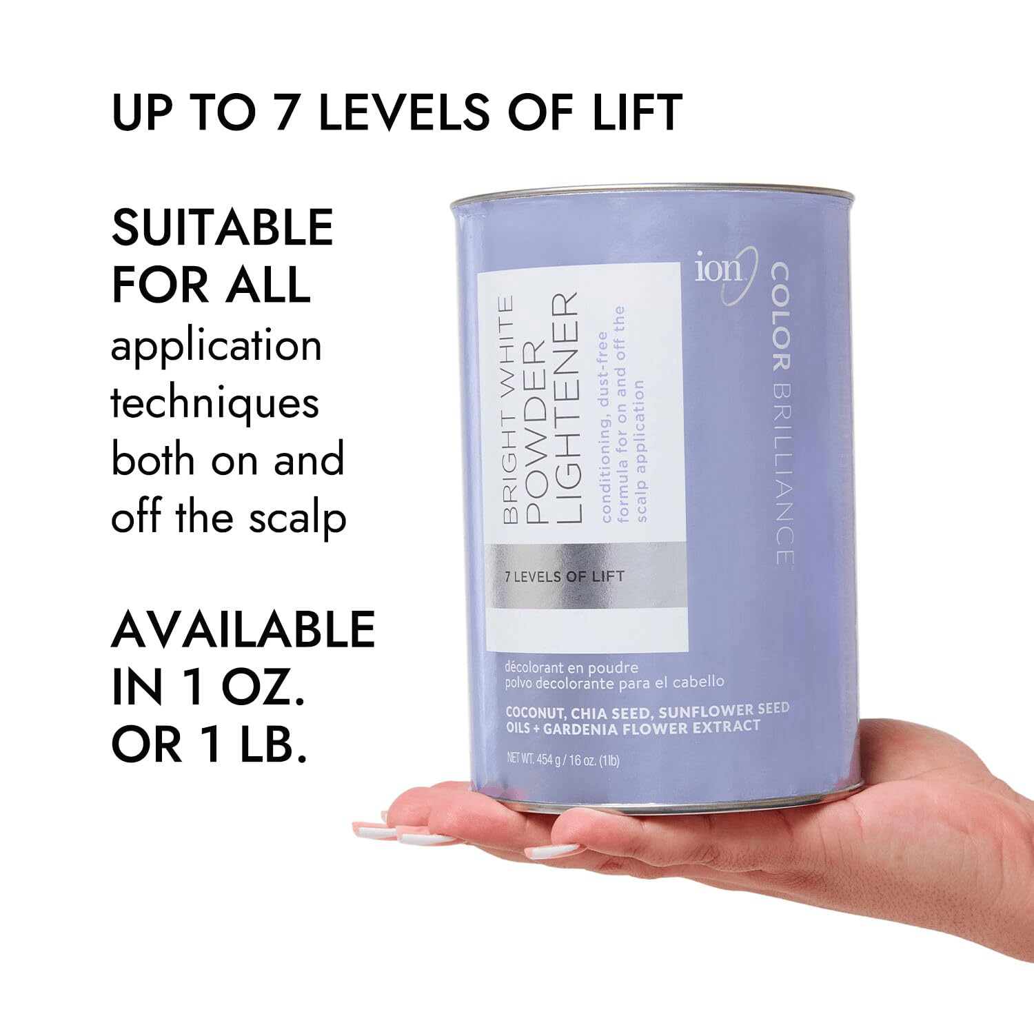 Ion Bright White Powder Lightener on- and off-scalp application flexibility for professional or home use