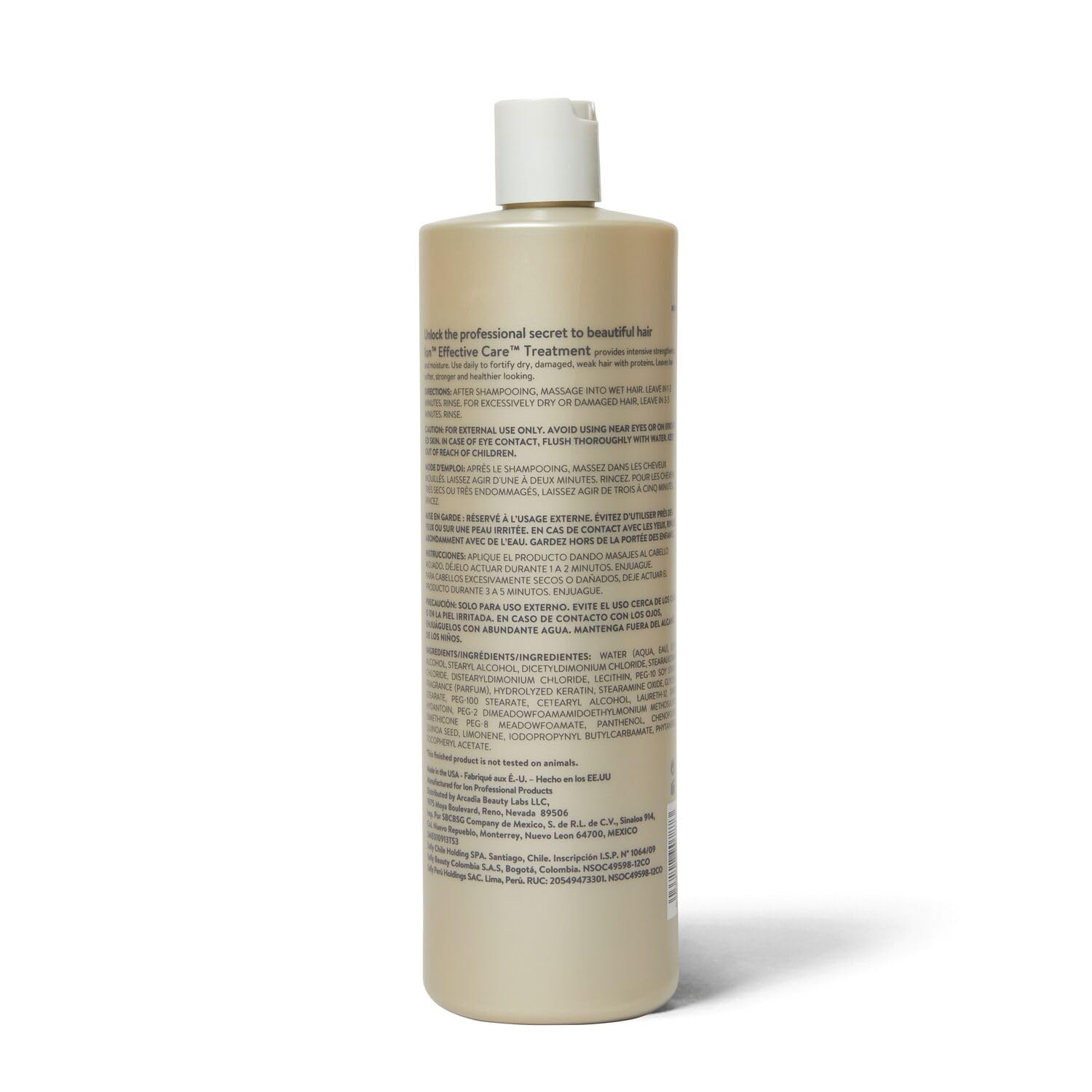 Ion Effective Care Treatment bottle label closeup showing vegan formula for daily nourishment.