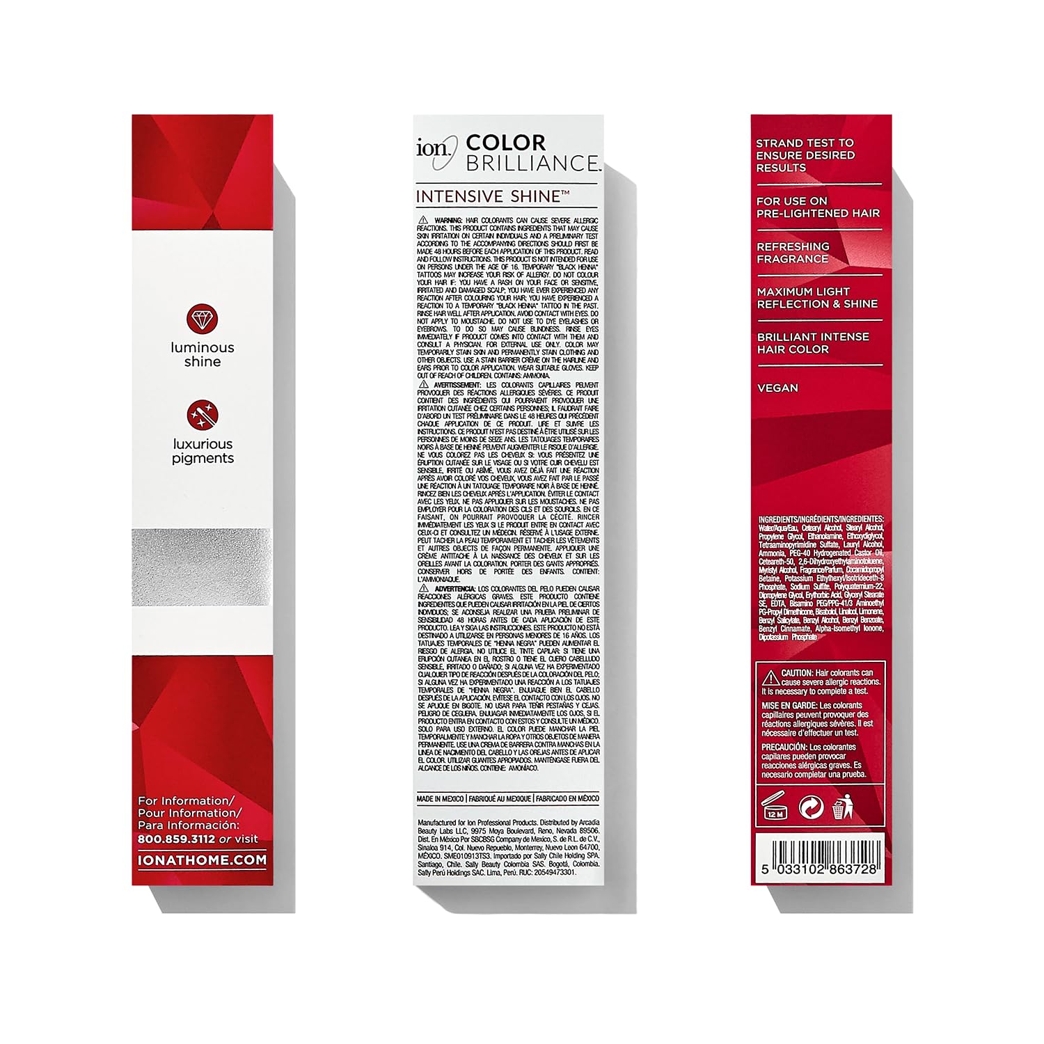 Ion Permanent Brights Red bottle shows bold color for complete gray coverage.
