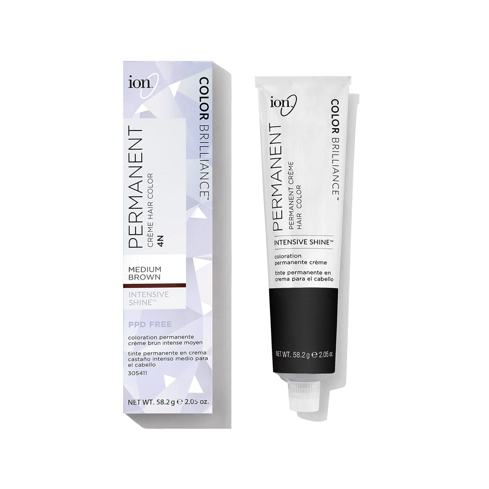 Ion permanent creme hair color 4N packaging highlights vegan cruelty-free formula for salon-grade color.