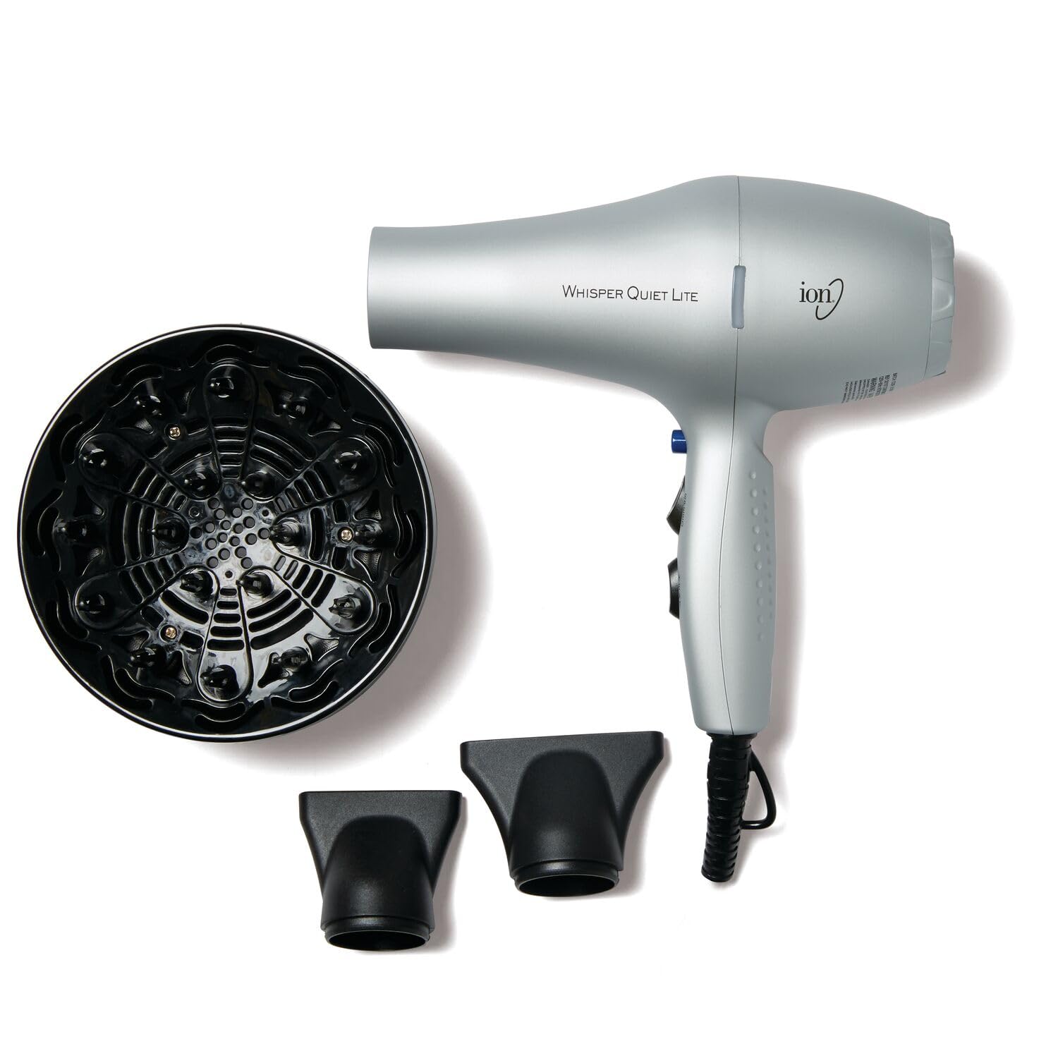 Ion Whisper Quiet Lite Hair Dryer front view highlighting its compact, lightweight design for easy daily styling.