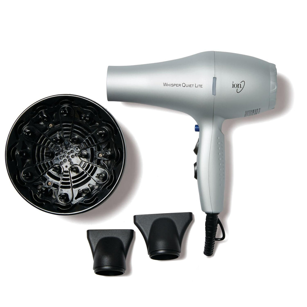 Ion Whisper Quiet Lite Hair Dryer front view highlighting its compact, lightweight design for easy daily styling.